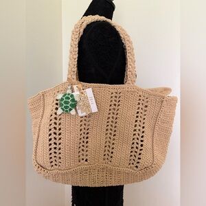 Tan Handcrafted Knit Tote with Lacy Stripes